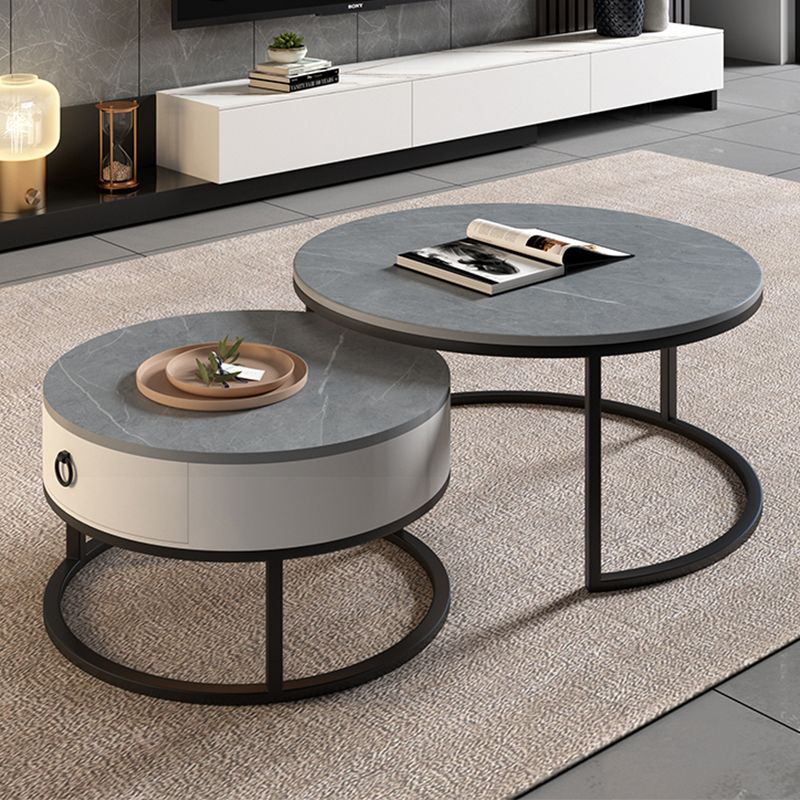 Round Brown Glass Coffee Table with Drawers Frame  2 Nesting Cocktail Table