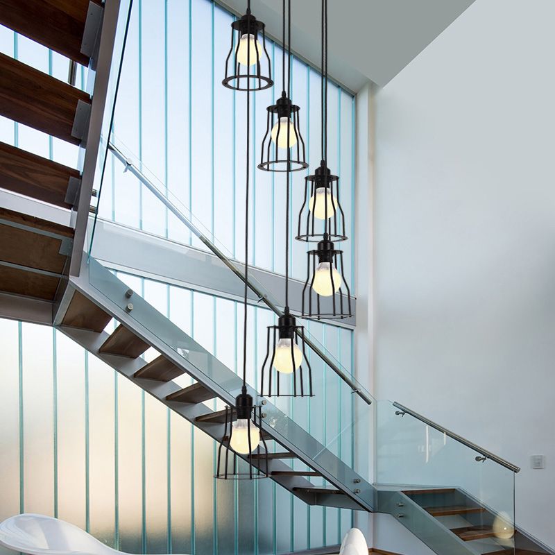 Iron Wire Cage Multi Ceiling Light Industrial 6 Heads Stair Suspended Pendant Lamp in Black