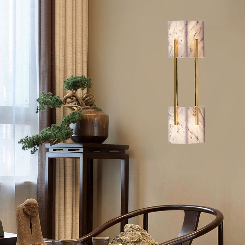 5-Light Double Cuboid Flush Wall Sconce Modern Stylish Grey Marble-Like Wall Lamp with Metal Gold Bar