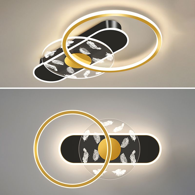 Black and Gold LED Semi Flush Mount in Modern Concise Style Circular Feather Ceiling Light with Acrylic Shade