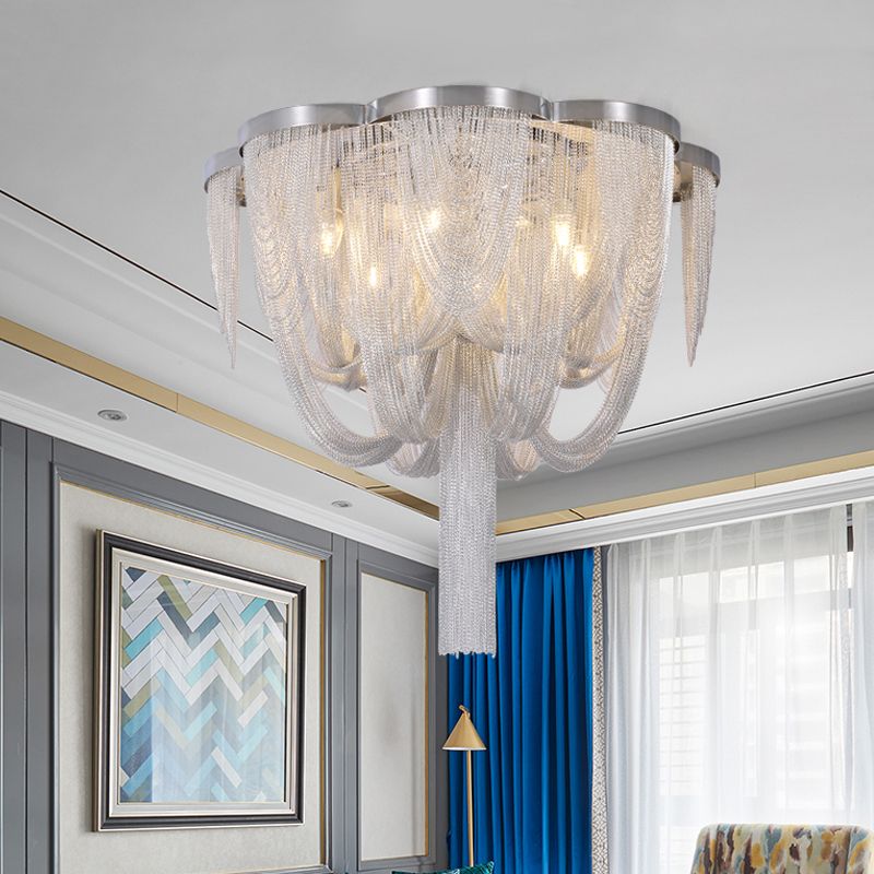 Fringe Chain Flush Mount Modernist Aluminum 4 Lights Chrome Ceiling Lamp for Parlor