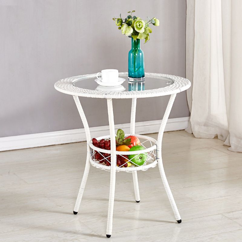 Tropical Glass Top 4 Legs Cocktail Table with Shelf Round Coffee Table