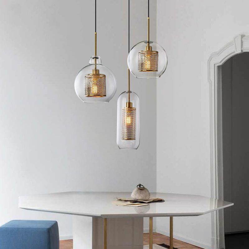 Brass 1 Light Hanging Pendant Light Modern Minimalist Clear Glass Dining Table Hanging Lamp
