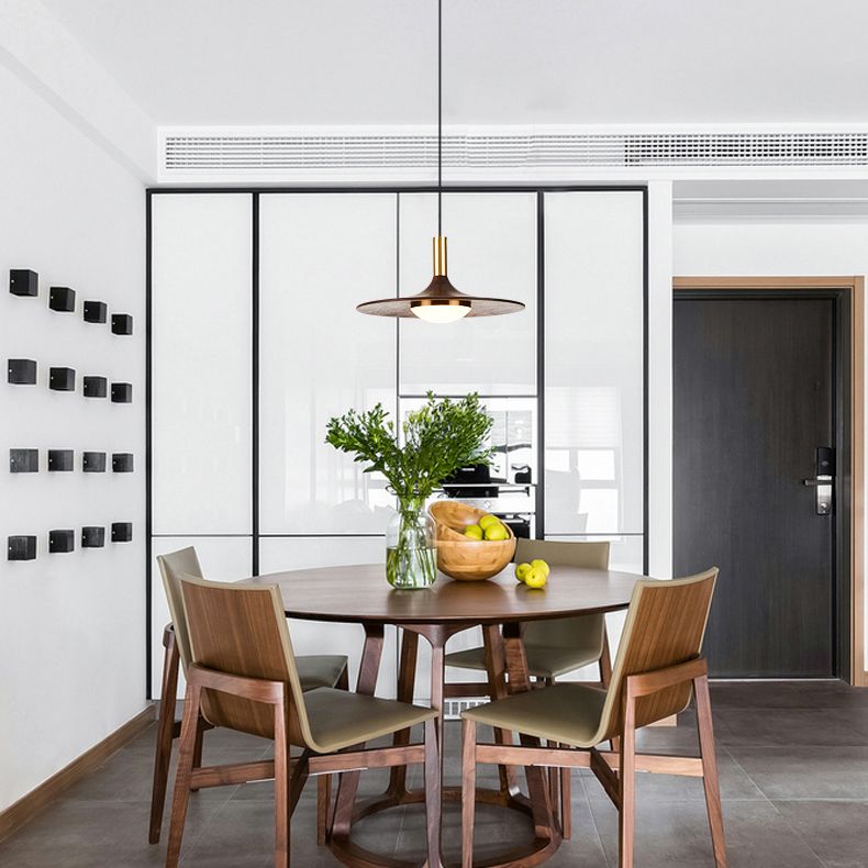 Wide Flared Walnut Wood Suspension Lamp Minimalist Dark Brown LED Pendant Lighting Fixture