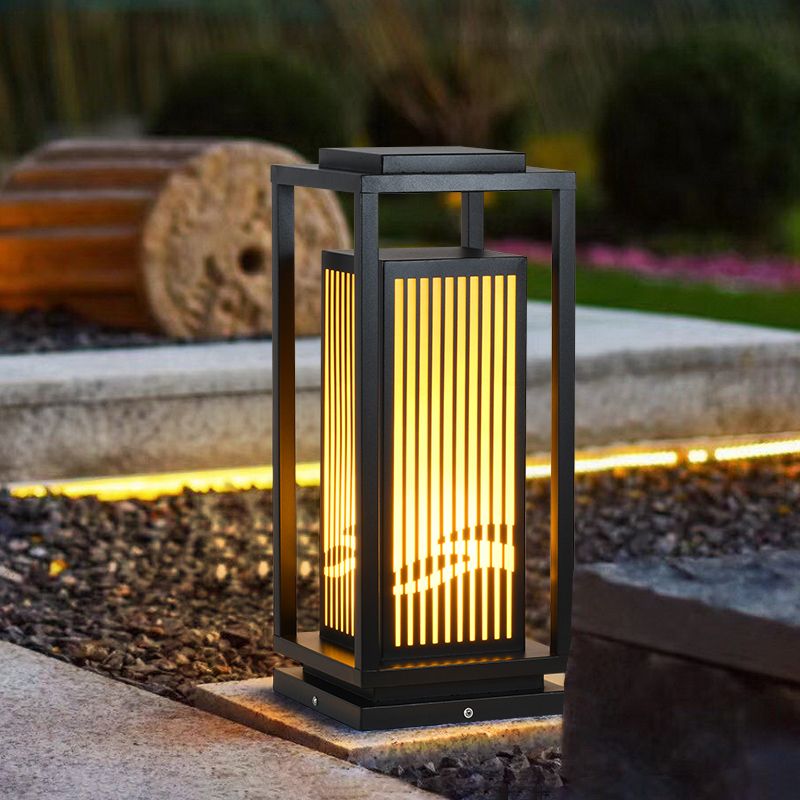 Rectangular Solar Pillar Lamp Modern Black Waterproof Light for Courtyard