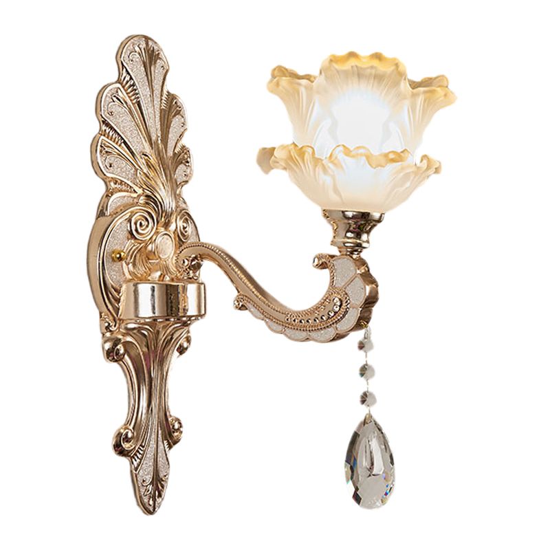 Layered Lettuce-Edge Chamber Wall Lamp Antique Frosted Glass 1/2-Light Gold Sconce Light Fixture