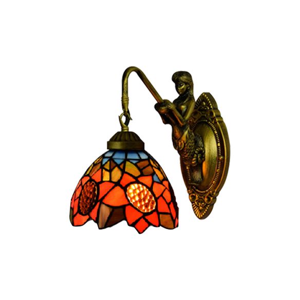 1 Head Living Room Sconce Light Tiffany Antique Brass Wall Mounted Light with Sunflower Orange Glass Shade