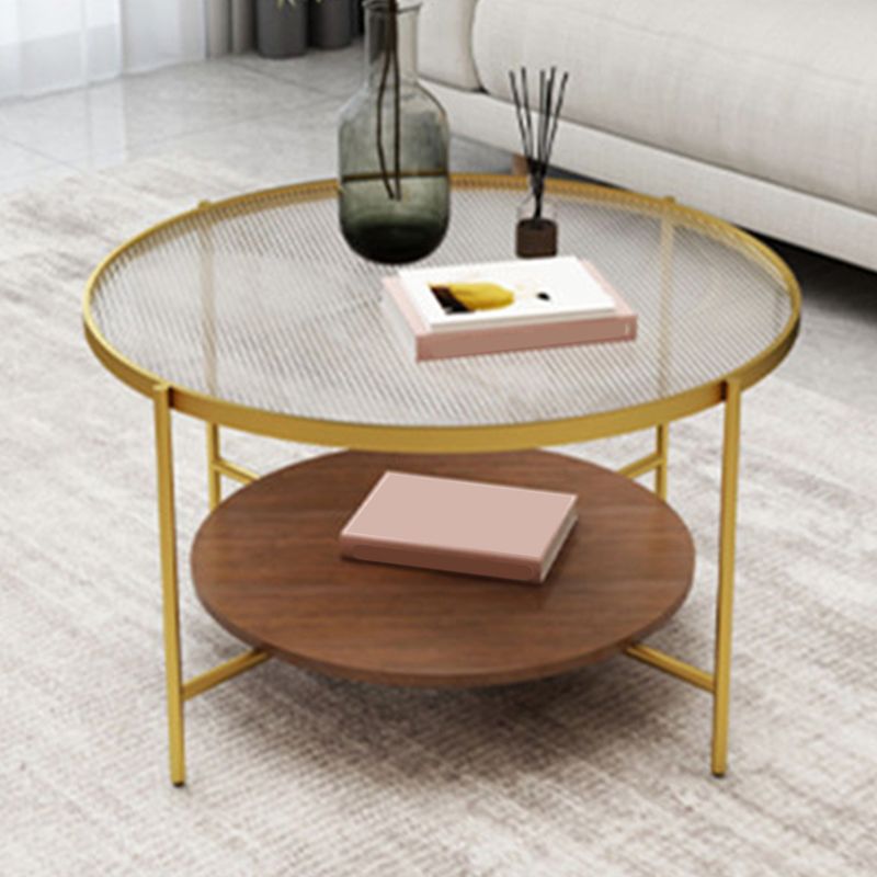 17.7" H Modern Round Glass Coffee Table Steel 4 Legs Cocktail Table with Shelf