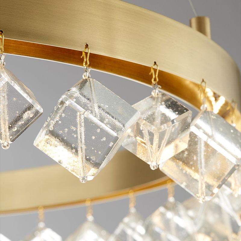 Metal Gold colgante colgante anillo LED LED Postmoderno Candelier en luz cálida/blanca con caída de cristal cúbico