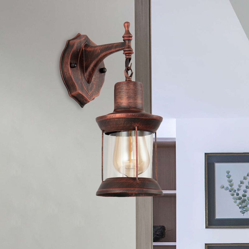 Lantern Clear Glass Wall Mounted Lamp Industrial Single Bulb Bathroom Sconce Light in Antique Copper