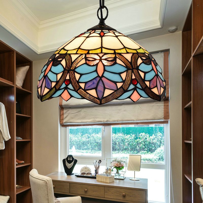 Tiffany Style Bowl-Shaped Hanging Lamp Stained Glass 1 Light Colorful Ceiling Pendant for Dining Room