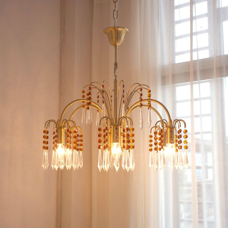 Country Style Branch Pendant Lamp Crystal Beading Chandelier in Brass for Cafe
