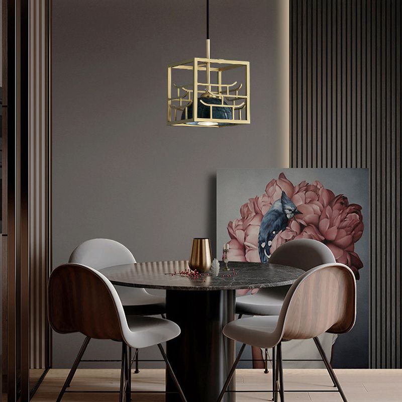Blackish Green Shade Pendant Light Retro Nordic 1-Light Marble Hanging Light with Gold Cage