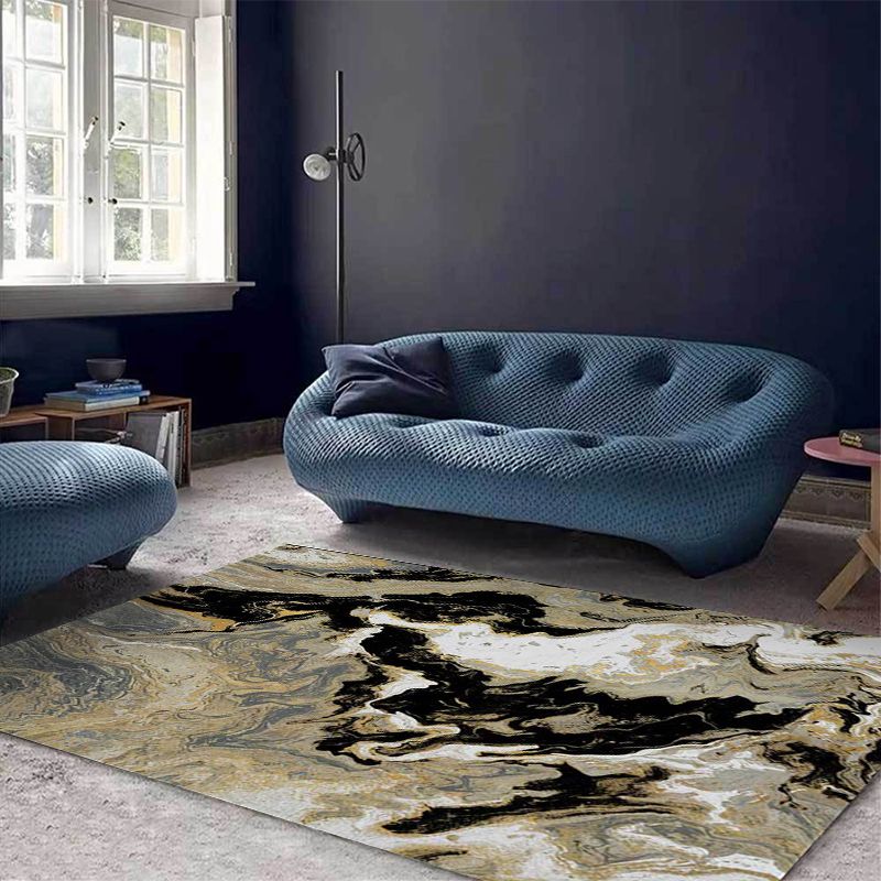 Novelty Abstract Rug Black and Golden Polyester Rug Machine Washable Non-Slip Area Rug for Bedroom