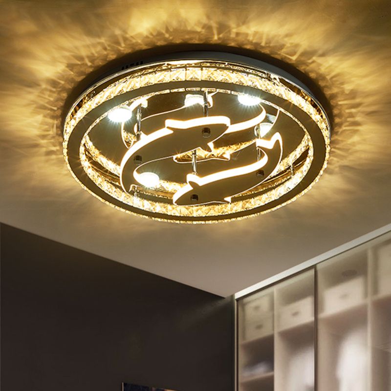 Contemporary Circle Flushmount Crystal Block Sleeping Room LED Ceiling Mounted Light with Fish Design in Chrome