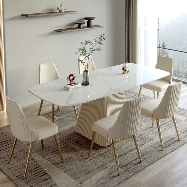 Modern Style Sintered Stone Dining Set with White Rectangle Shape Table and Pedestal Base
