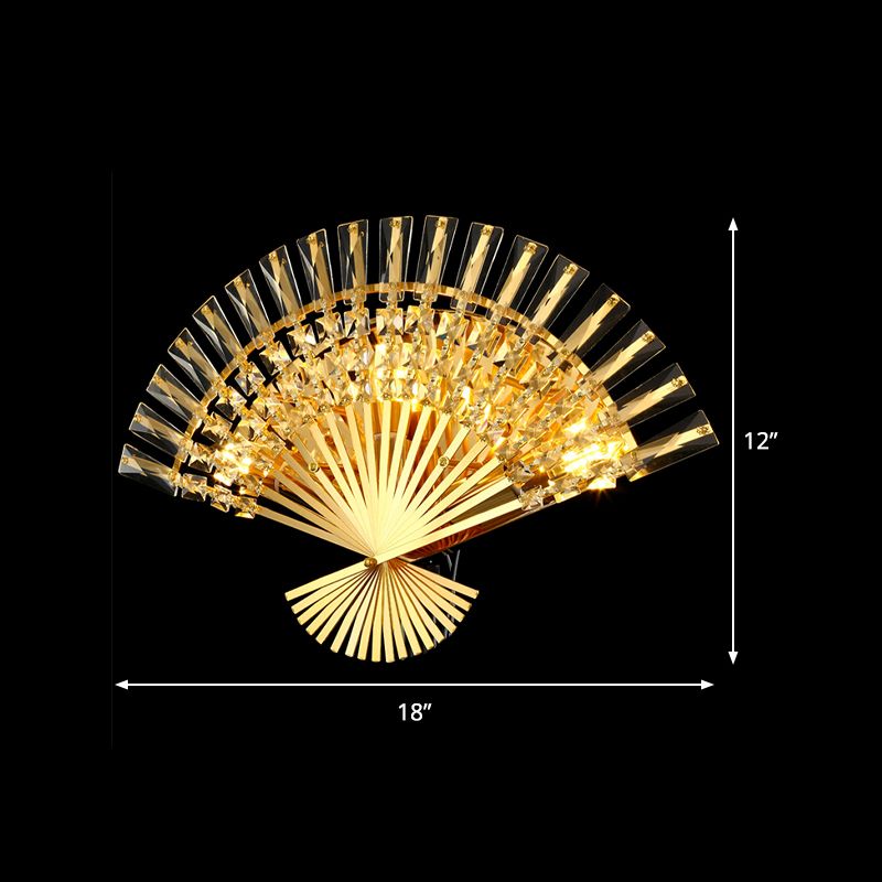 Goldene fächerförmige Wandleuchte im Vintage-Stil, 3 Lichter, Wandleuchte aus Metall mit klarer Kristallverzierung