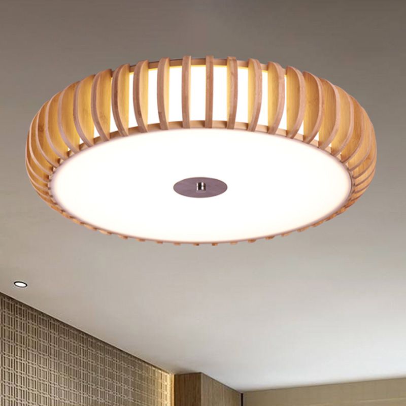 Round Flush Mount Japanese Wood 3 Heads Close to Massimale Lamp in Beige for Living Room