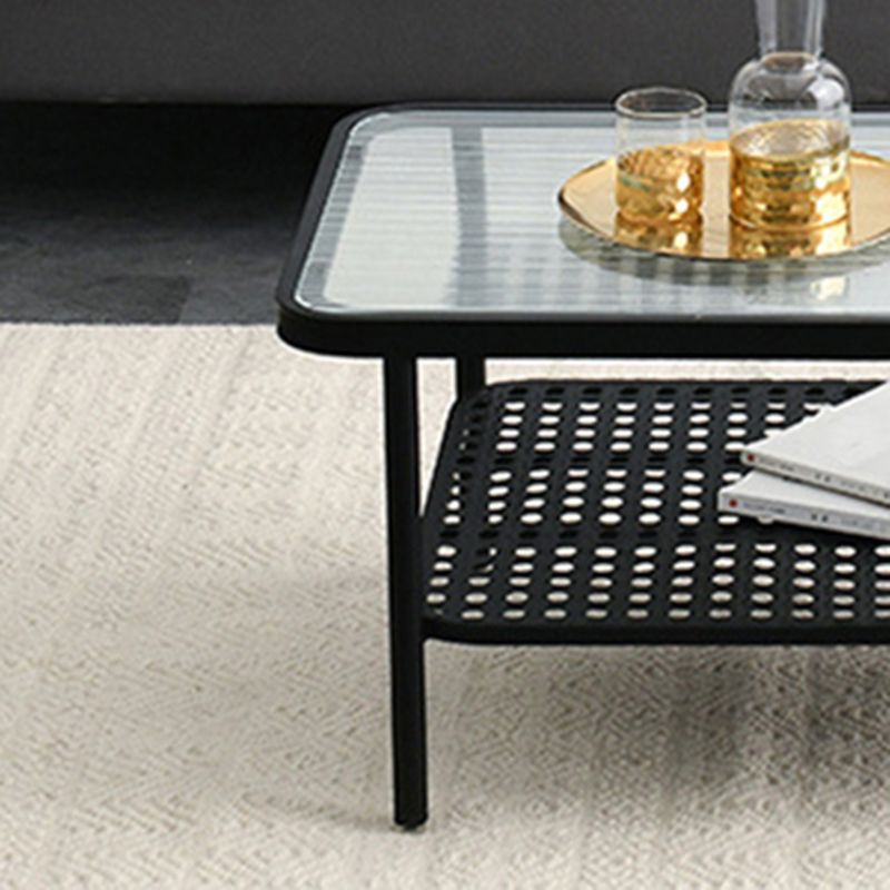 Glass Modern Rectangular Coffee Table with Shelf 4 Legs Cocktail Table