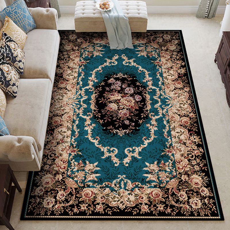 Dark Blue Modern Rug Polyester Flowers Indoor Rug Non-Slip Backing Rug for Living Room