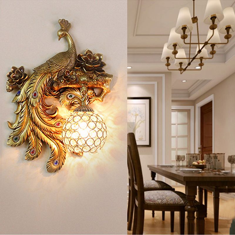 Iluminación de apliques de pared de pavo real lámpara de iluminación de pared de oro de estilo tradicional de estilo tradicional