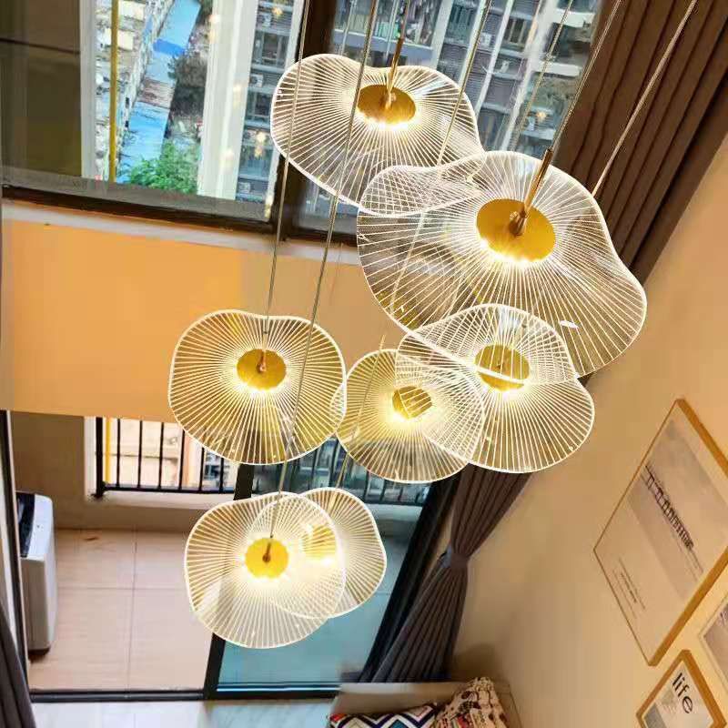 Modern Multiple Lotus Leaf  Shaped Shade Pendant Light  Acrylic Long Hanging Lamp  for Living Room