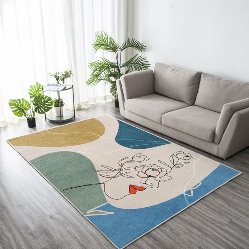 Dark Green Modern Rug Polyester Leaves Rug Non-Slip Backing Rug for Living Room