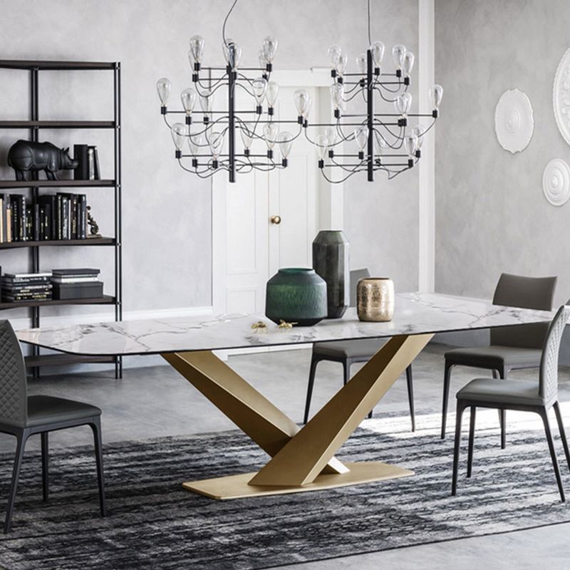 Metal Traditional Luxury Rectangle Table Sintered Stone Dining Table with Pedestal Base