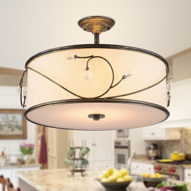 Drum Fabric Semi Mount Lighting Classic 5 Lights Living Room Ceiling Light in Flaxen, 16"/19.5" Wide