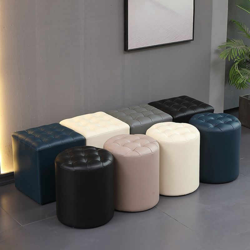 Contemporary Pouf Ottoman Genuine Leather Upholstered Tufted Solid Color Ottoman
