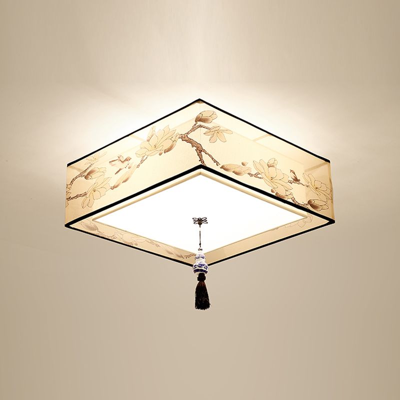 Fabric Geometrical Flush Ceiling Light Traditional Living Room Flush Mount Lamp in Beige