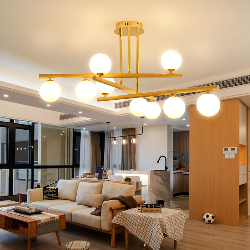 Lampadario sferico in legno leggero minimalista con tonalità di vetro opalina per camera da letto