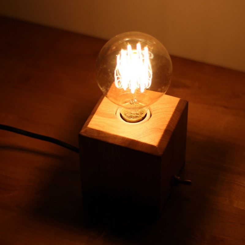 Wood Square Table Light Contemporary 1 Bulb Small Desk Lamp in Beige for Living Room