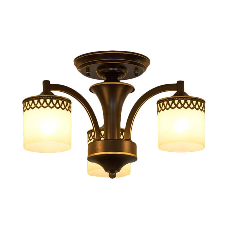 3/6 Bulbs Cylinder Semi Mount Lighting Classic Black Finish Tan Glass Ceiling Light Fixture with Twisted Arm