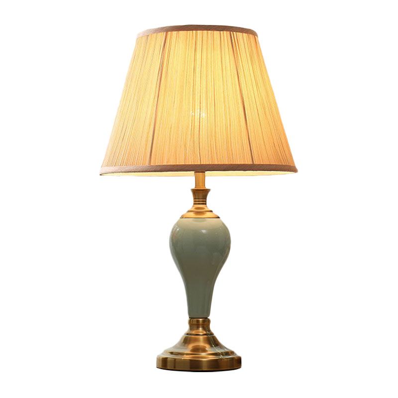 Ceramic Urn Table Lighting Vintage 1 Bulb Bedside Nightstand Light in Aqua/Beige/Silver Grey with Tapered Fabric Shade