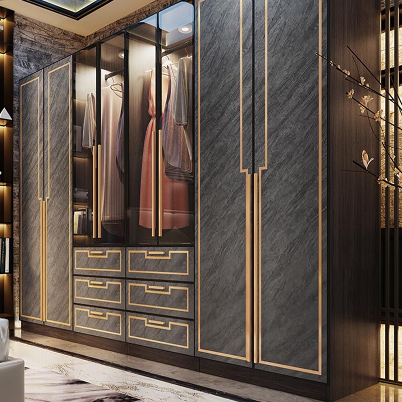 Mirrored Finish Cabinet with Grey Glass Doors Contemporary Interior Storage Cabinet