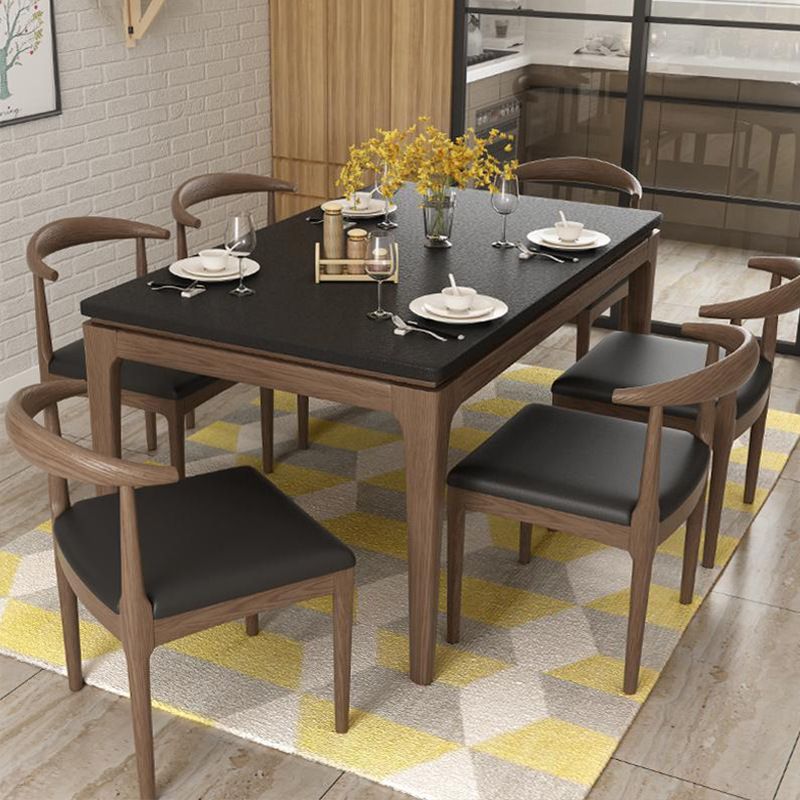 Black Stone Top Dining Table Mid-Century Modern Dining Table with 4 Wood Legs