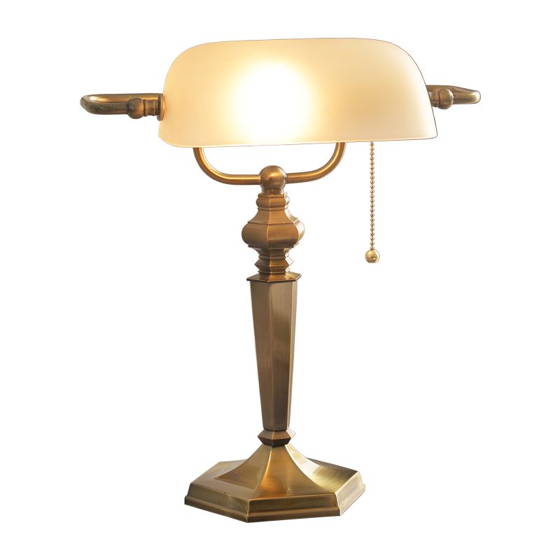 1 Light Pull Chain Night Table Light Traditional Black/Brass Finish Metal Desk Lamp with Tan Glass Shade