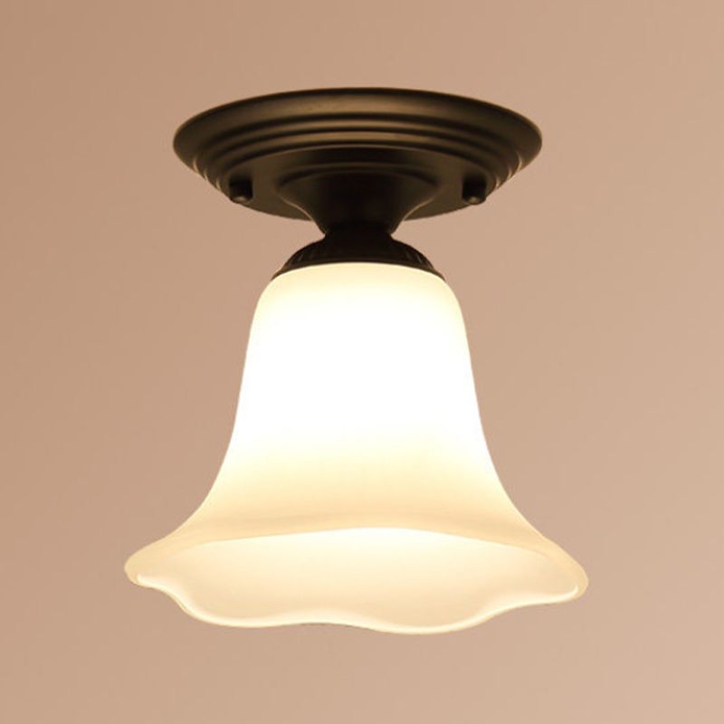 Glass Shaded Close to Ceiling Lamp Simplistic Aisle Semi-Flush Mount in Black
