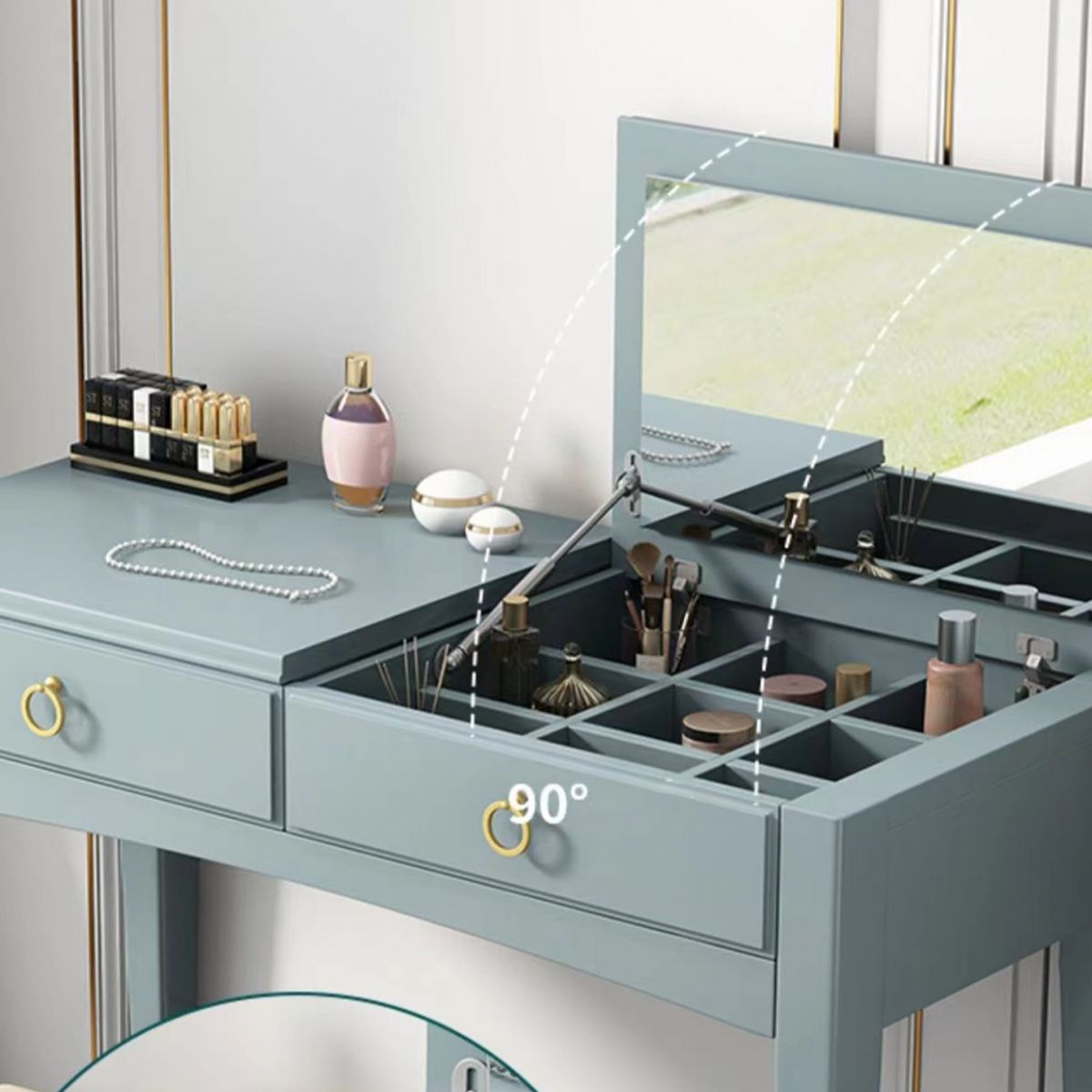 29.52" H Solid Wood Dressing Table Flip-top Makeup Vanity with Mirror