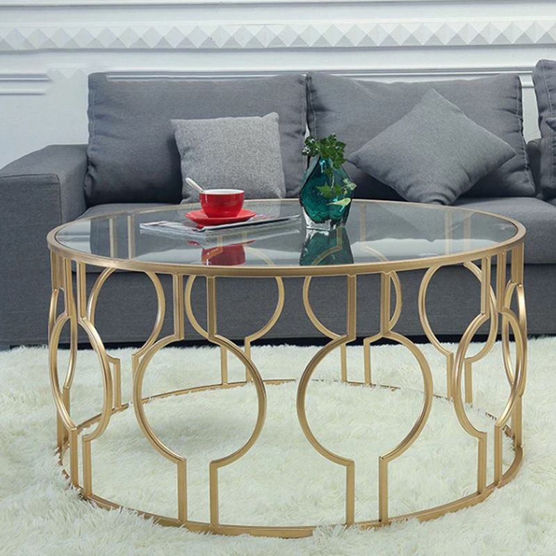 Contemporary Round Glass Coffee Table Brass Metal Frame 1 Single Cocktail Table