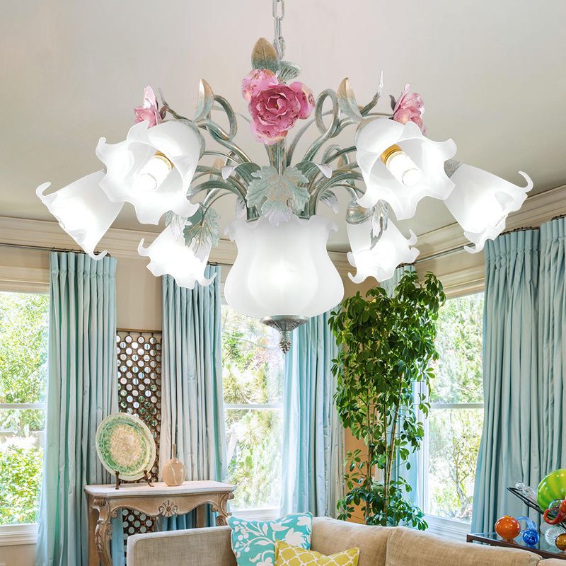 8 Köpfe Blumendecke Hänge Lampe Pastoral weiße Glasurleuchter für Wohnzimmer