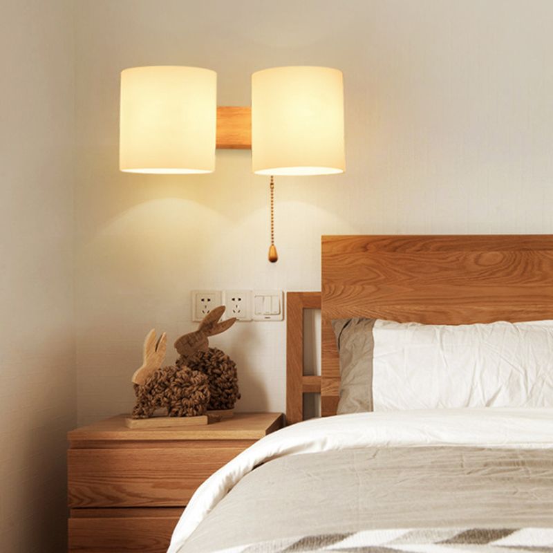 Wooden Cylindrical Wall Lamp in Modern Concise Style White Glass Wall Light for Bedroom