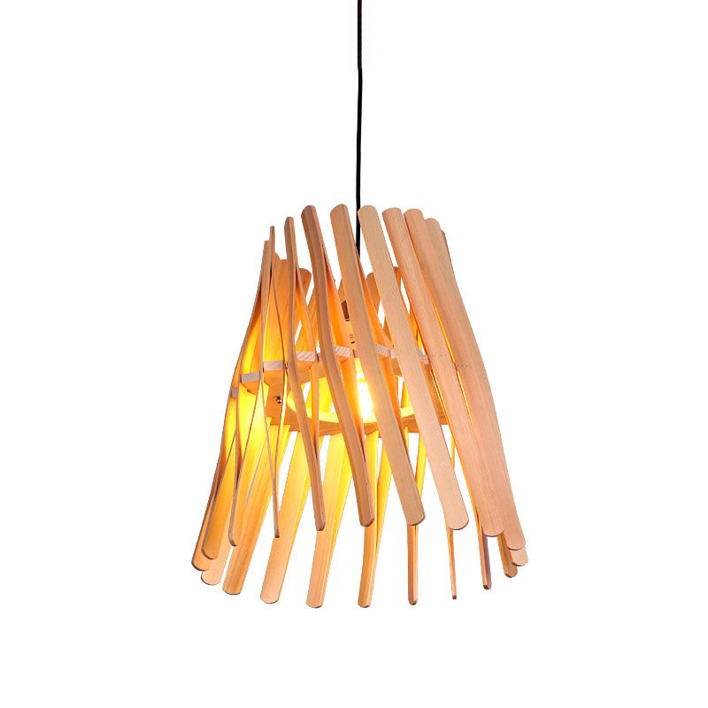 1 Glühbirnenschlafzimmer Hanging Lamp Asia Beige Decke Anhänger Licht mit konischem Holzschatten
