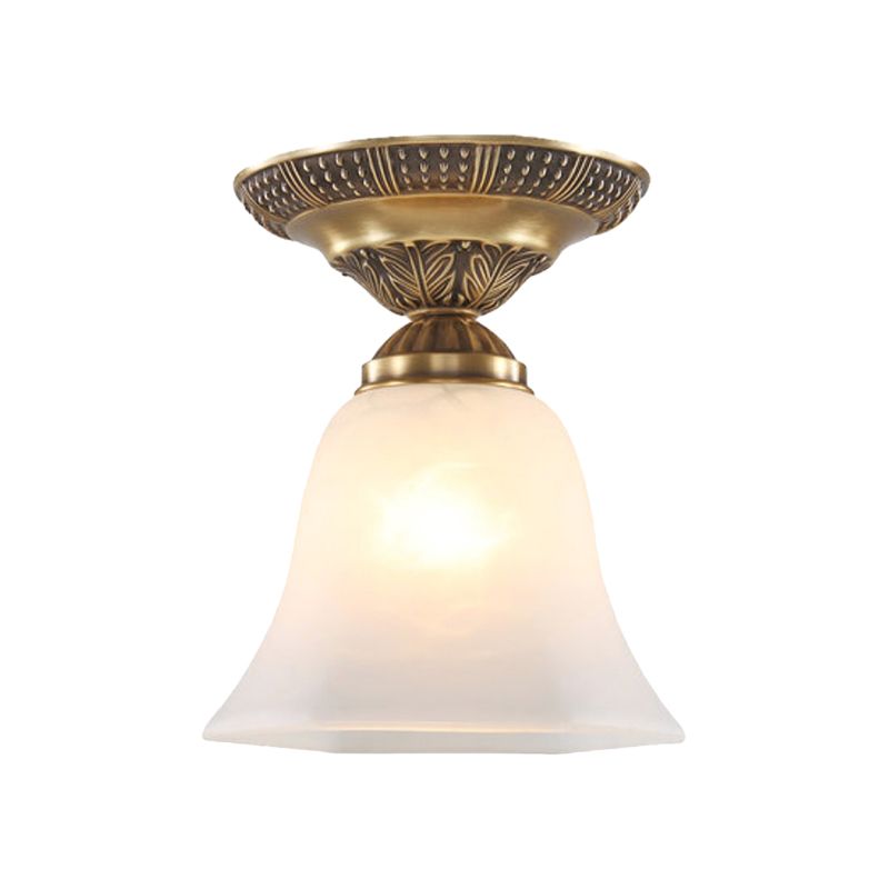 Frosted Glass Brass Flush Mount Fixture Bell Shape Single Head Country Ceiling Mounted Light