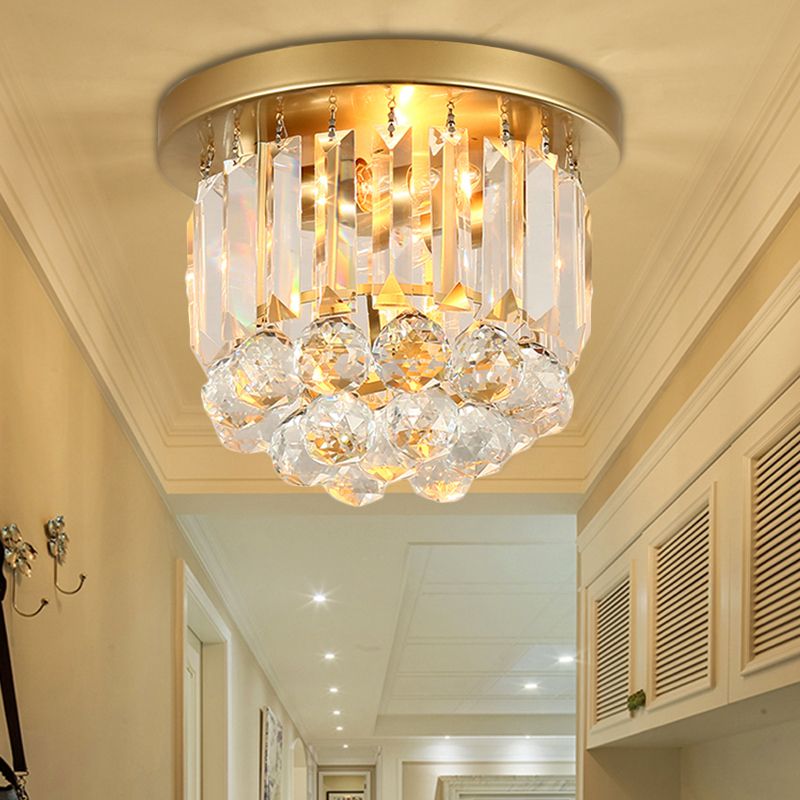 Postmodern Drum Ceiling Light Metal 2 Lights Corridor Flush Mount Light with Crystal Shade