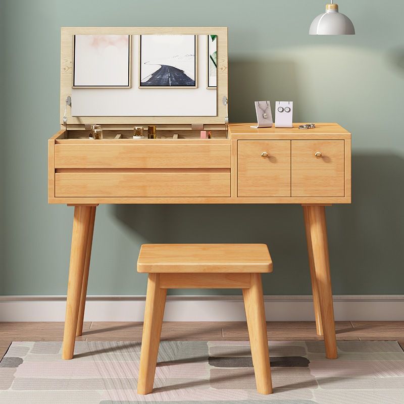 Solid Wood Mirrored Vanity Desk with 3 Drawers Flip-Top Dresser with Stool