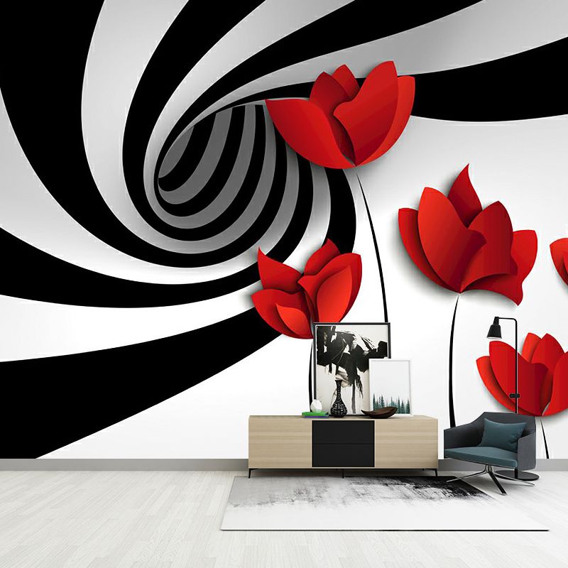 Minimal Flower Whirling Wall Mural Black-Red Water Resistant Wall Art for Living Room