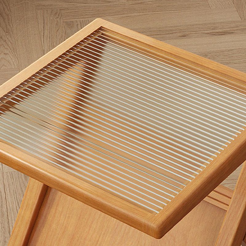 Modernistic Solid Wood X-base End Slide Table Geometric Glass Top End Table