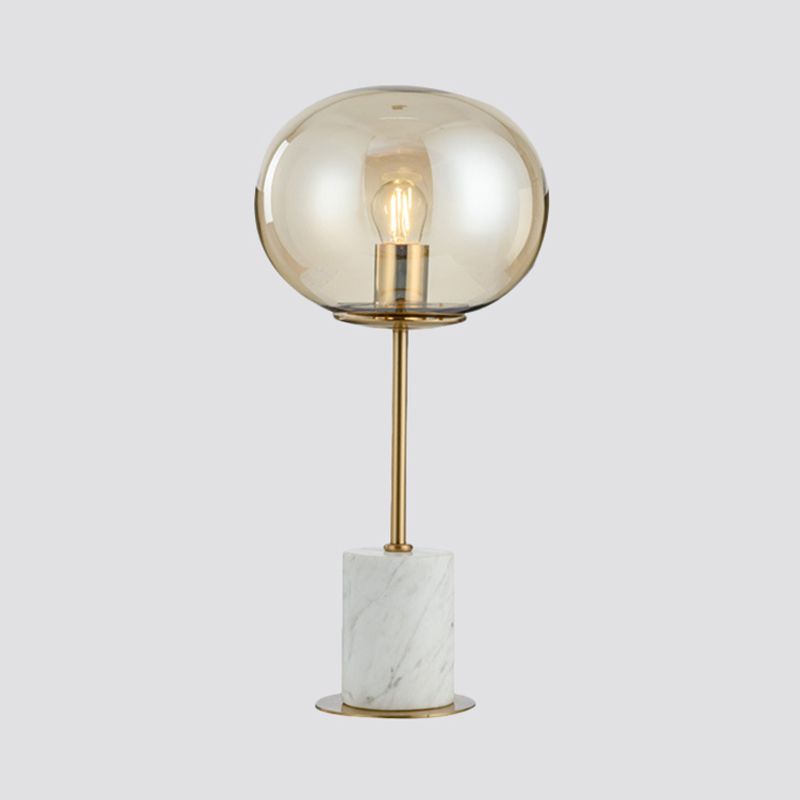 Oblate Bedside Nightstand Lamp Amber Glass 1��Bulb Minimalistic Table Light with Cylindrical Marble Base